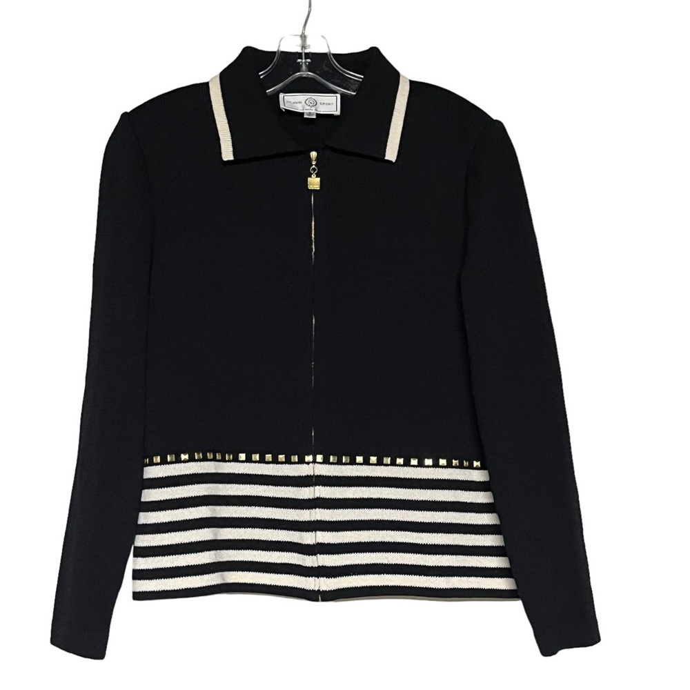 St John Sport by Marie Gray Cardigan Sweater Black Wool Knit Stripes Studs M